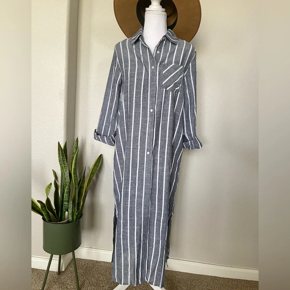 New - Striped Blue & White Sheer Swim Cover Up / Kimono / Button Up Shirt Dress - Picture 3 of 14
